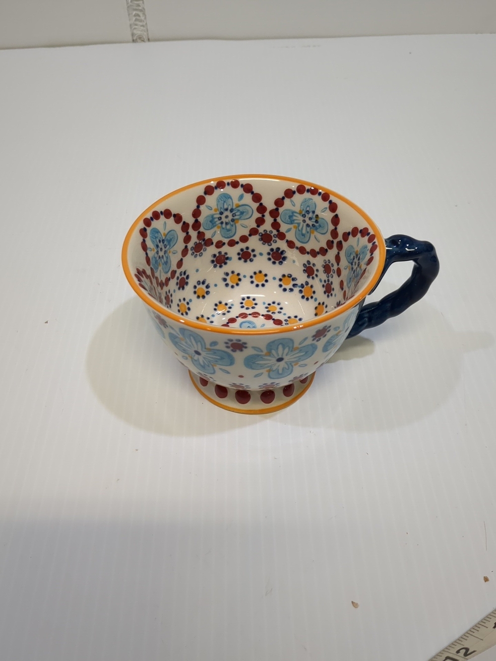 0812 Anthropologie Mug Elka Ayaka Blue Floral Footed Coffee Tea Twisted Handle